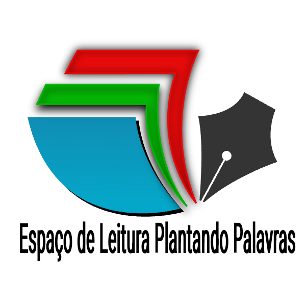 Uma imagem de fundo branco, com três folhas de papel coloridas, sendo a primeira azul, a segunda verde e a última vermelha assinada pela ponta de uma caneta pincel e com o nome Espaço de Leitura Plantando Palavras logo abaixo desse desenho descrito.